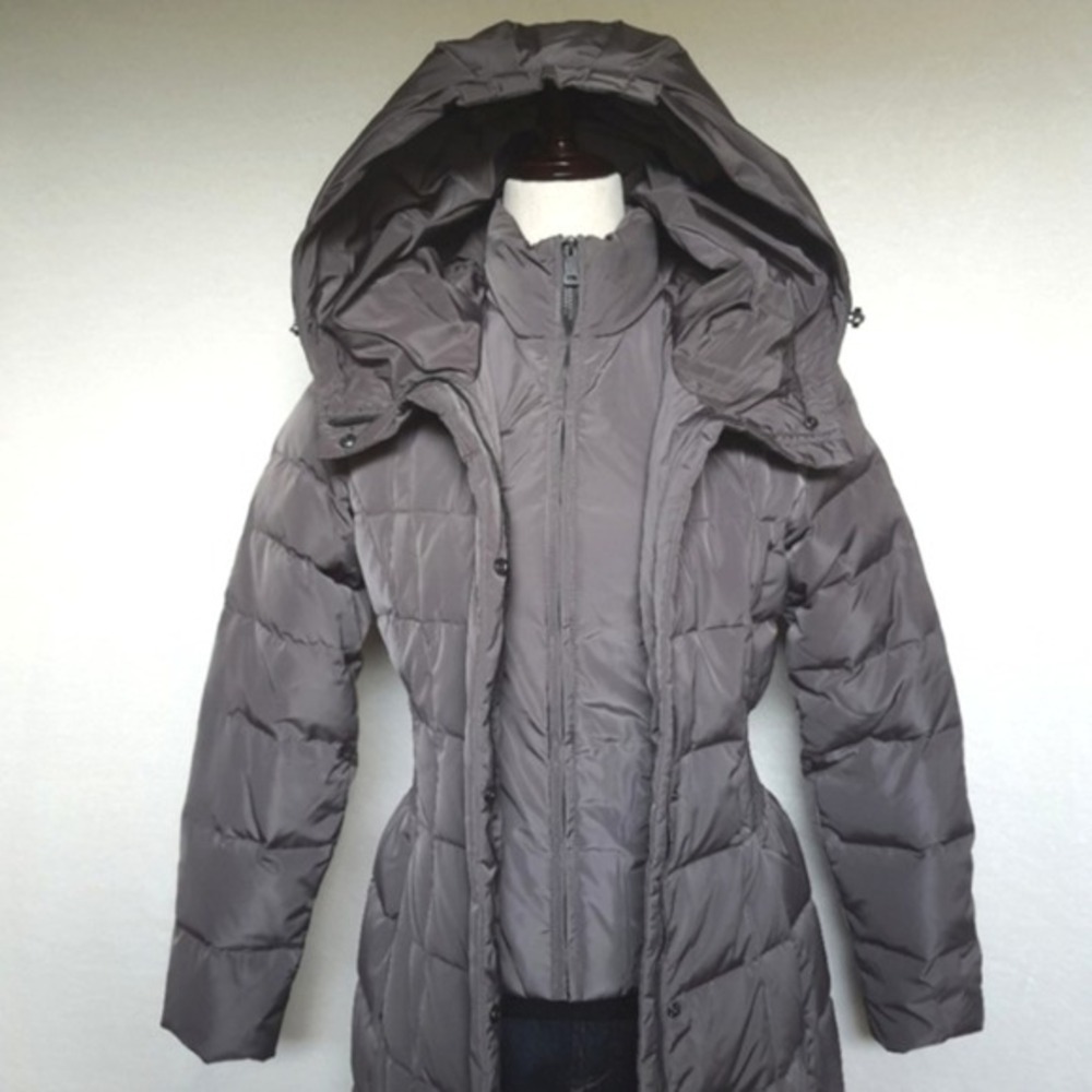 NWT Cole Haan Long Quilted Puffer Coat‎ Hooded Feather Down Womens XS
